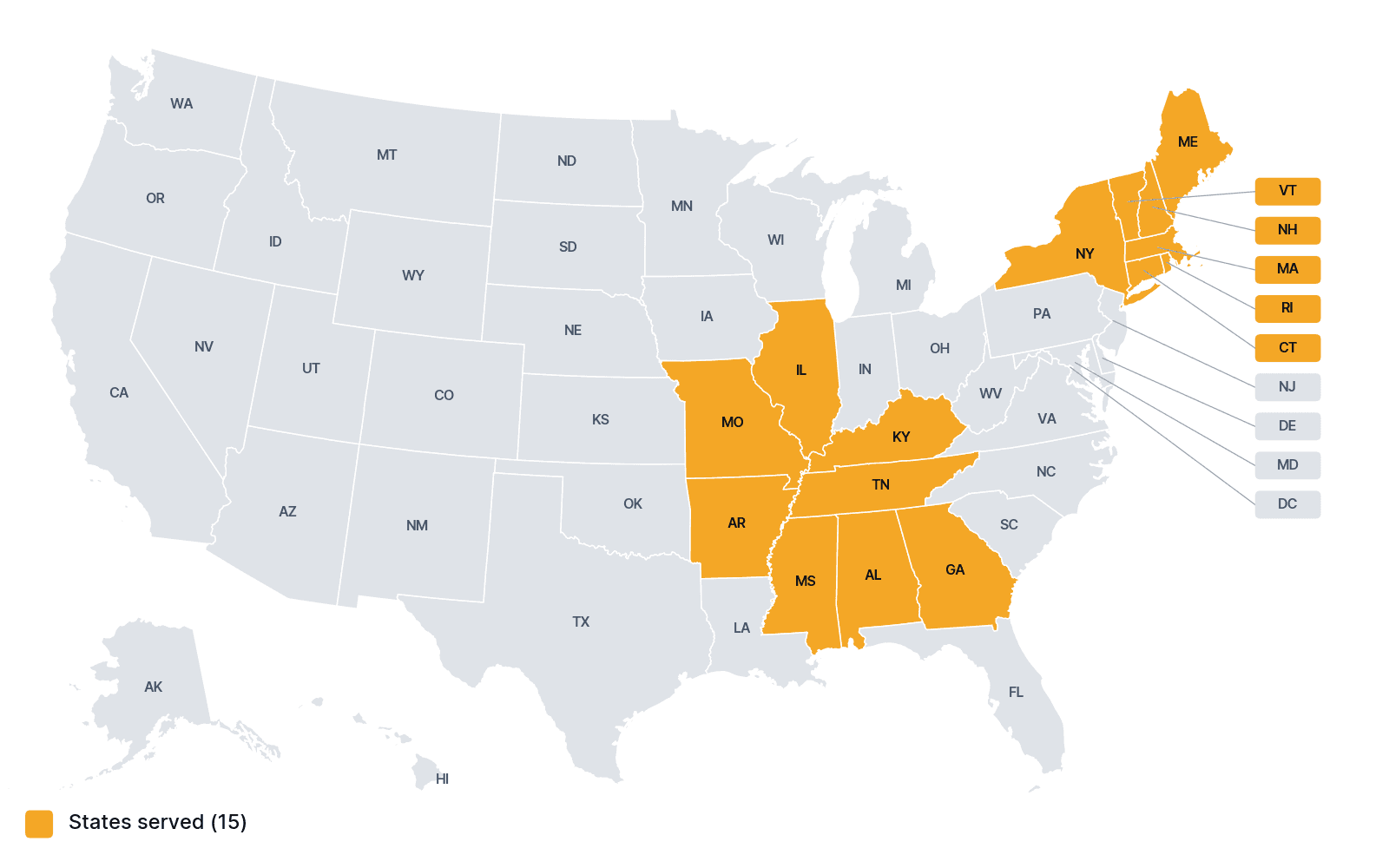 Map of the 15 states SSP serves for large-scale solar and battery storage