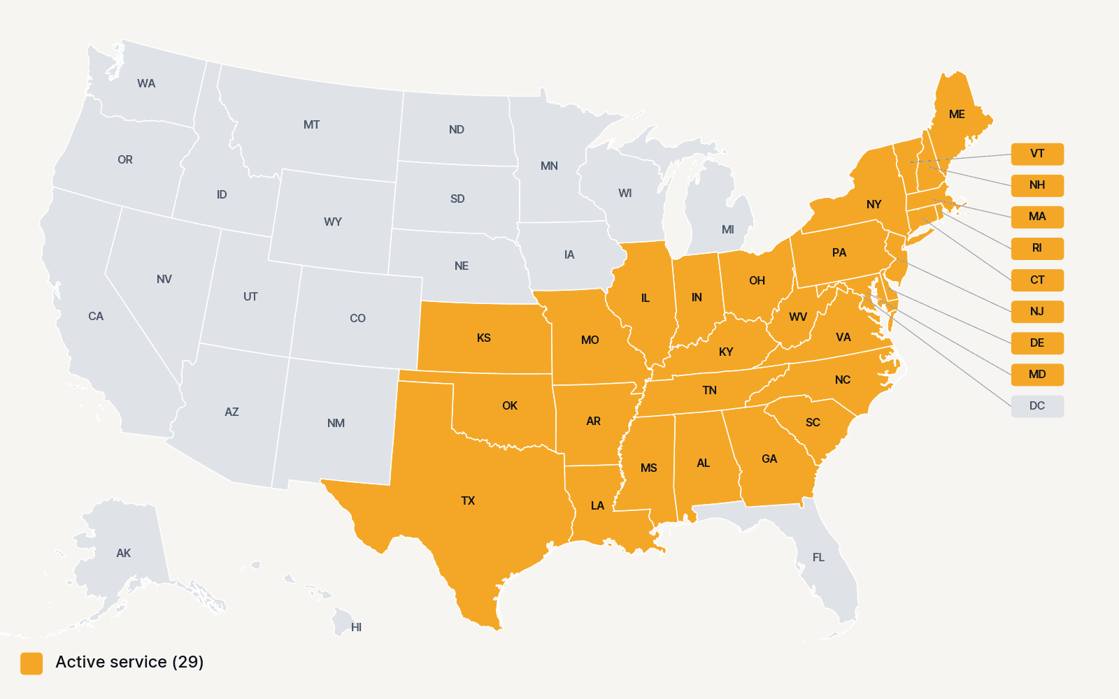 Map of the 29 states SSP's O&M team serves